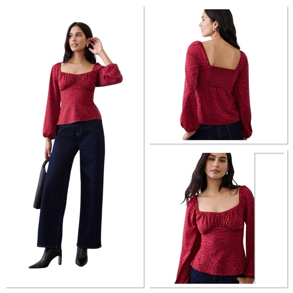 Banana Republic Women Red Shirred Bodice Blouse Smocked Size 2 Boho Peasant New